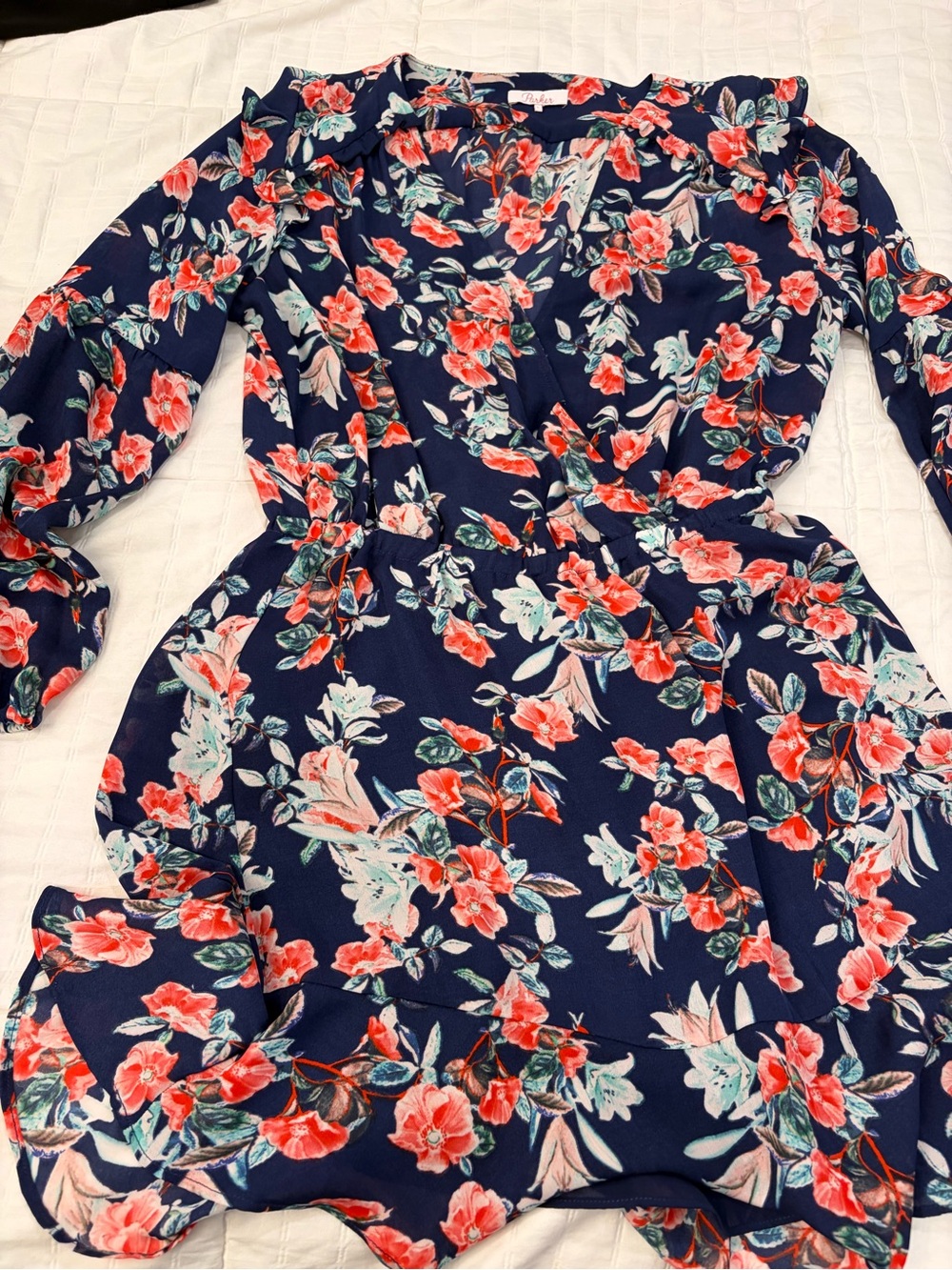 Parker Navy Floral Long Sleeve Wrap Dress with Coral Blooms